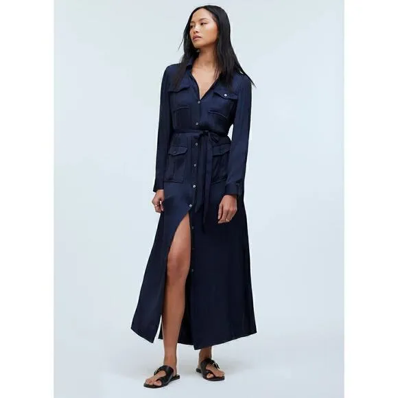 Madewell Women's Button-Front Utility Shirtdress in Satin Deep Indigo Size Small
