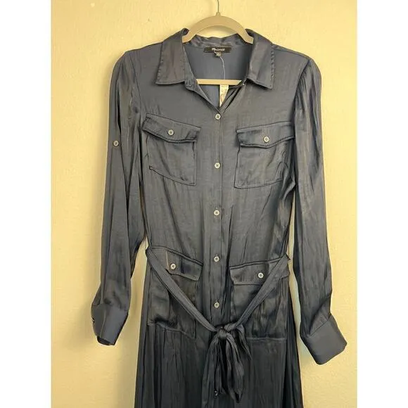 Madewell Women's Button-Front Utility Shirtdress in Satin Deep Indigo Size Small
