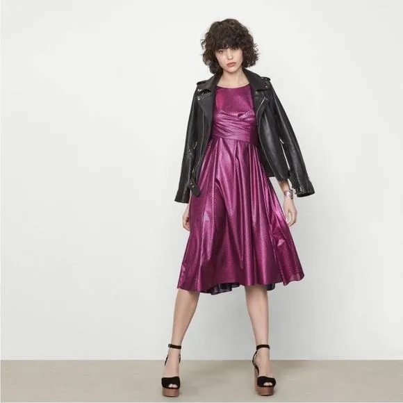 maje rova pink lame metallic midi dress swing discocore mermaidcore