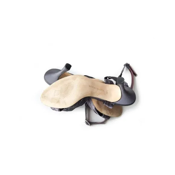 MANOLO BLAHNIK 36.5 Lavender Gray Satin Ankle Wrap Sandals