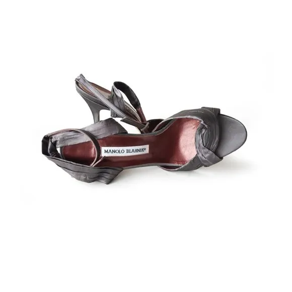 MANOLO BLAHNIK 36.5 Lavender Gray Satin Ankle Wrap Sandals