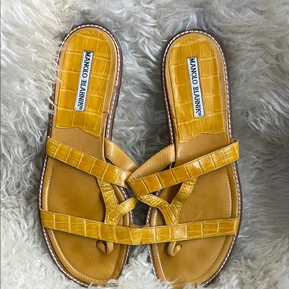 Manolo Blahnik Yellow Slide Sandals with Woven Straps