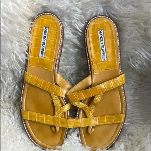 Manolo Blahnik Yellow Slide Sandals with Woven Straps