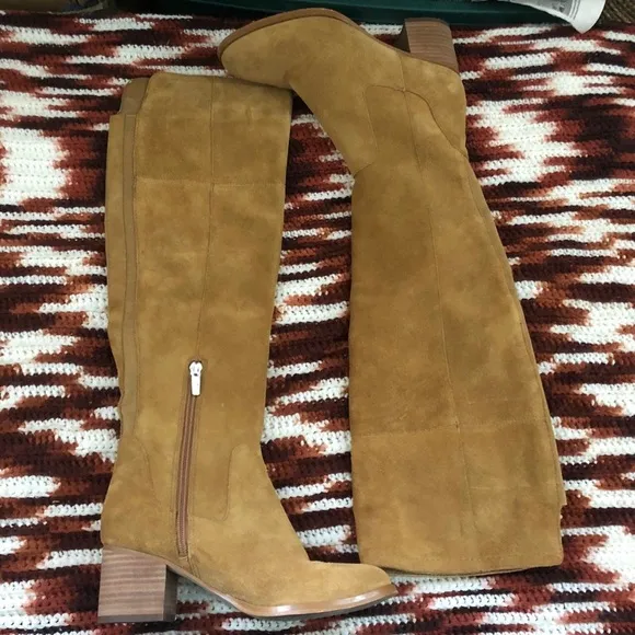 Marc Fisher Banana Tan Leather suede knee-high boots 2” heels #western #campus