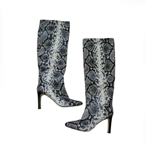 MARC FISHER LEATHER KNEE-HIGH BOOTS SZ 8.5 PYTHON SNAKESKIN PRINT NWOT