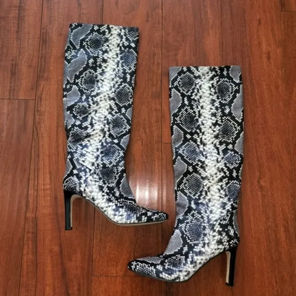 MARC FISHER LEATHER KNEE-HIGH BOOTS SZ 8.5 PYTHON SNAKESKIN PRINT NWOT