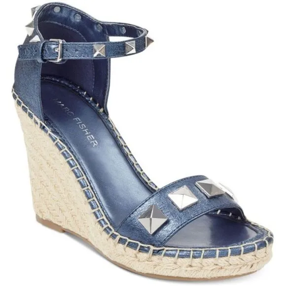 MARC FISHER Leather Studded Wedge Espadrille Sandals