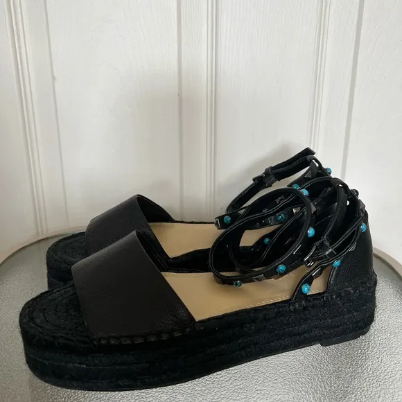 Marc Fisher NWOB Vajen Espadrille Leather Sandals In Black Size 7