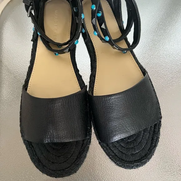 Marc Fisher NWOB Vajen Espadrille Leather Sandals In Black Size 7