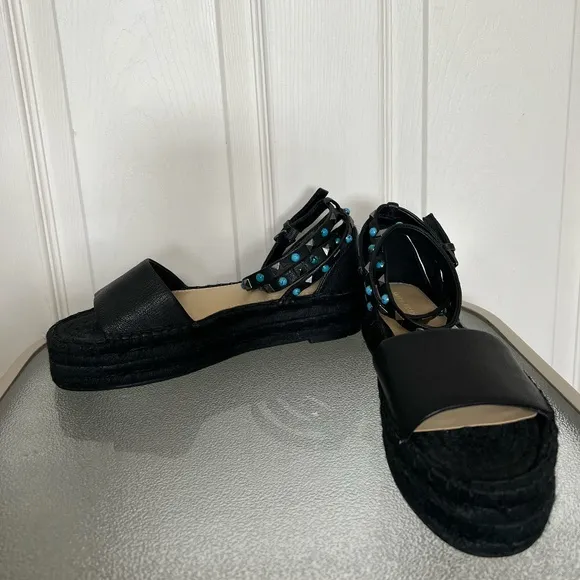 Marc Fisher NWOB Vajen Espadrille Leather Sandals In Black Size 7