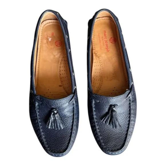 Marc Joseph Navy Blue Leather Tassel Driving Loafers Size 8.5 Ladies Flat Shoes