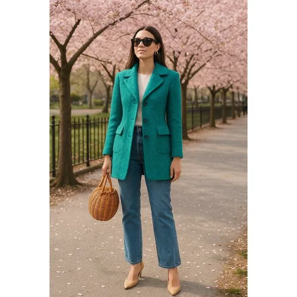 Marella Italian Wool Coat Size 6 Teal Green Bouclé Spring Jacket Made in Italy
