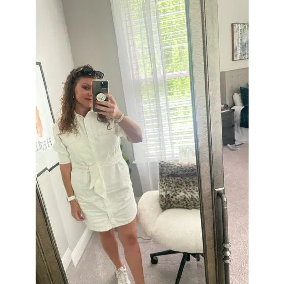 MARISSA WEBB White Denim Wide Belt Shirt Short Sleeve Mini Dress Size 8