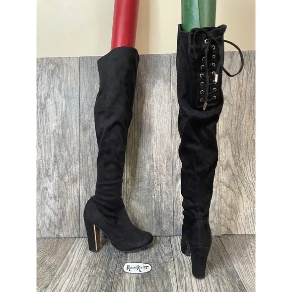 Material Girl Over the Knee High Black Velvet Stretch Boots Women size 5.5
