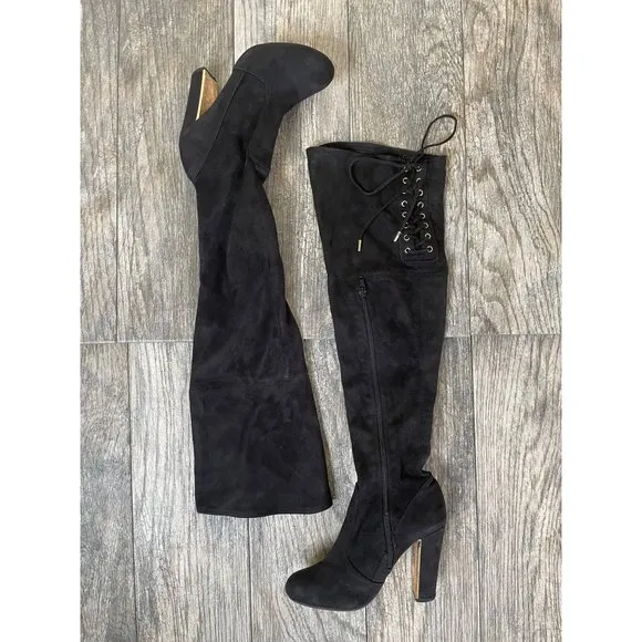 Material Girl Over the Knee High Black Velvet Stretch Boots Women size 5.5