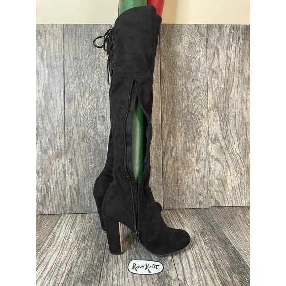 Material Girl Over the Knee High Black Velvet Stretch Boots Women size 5.5