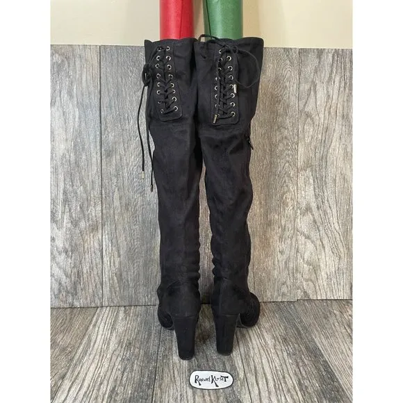 Material Girl Over the Knee High Black Velvet Stretch Boots Women size 5.5