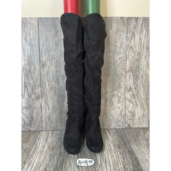 Material Girl Over the Knee High Black Velvet Stretch Boots Women size 5.5