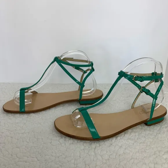 MaxMara Women's Turquoise Patent Leather Flat T-Strap Sandals Size 40/10