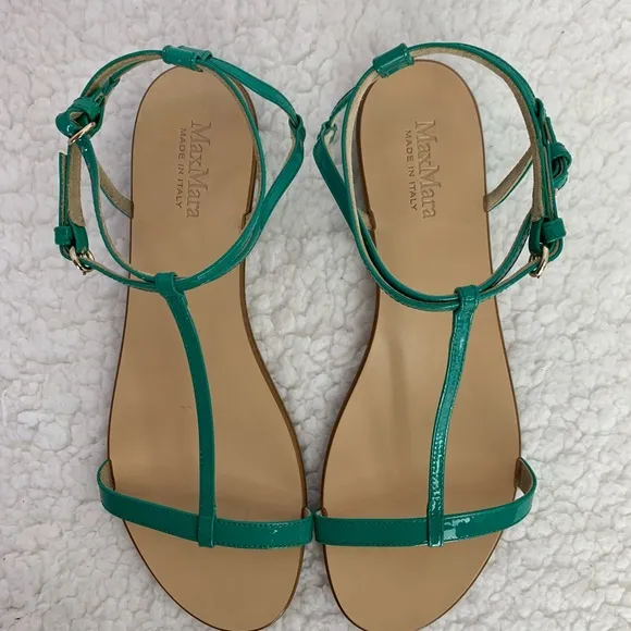 MaxMara Women's Turquoise Patent Leather Flat T-Strap Sandals Size 40/10