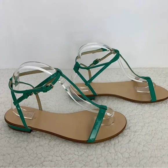 MaxMara Women's Turquoise Patent Leather Flat T-Strap Sandals Size 40/10