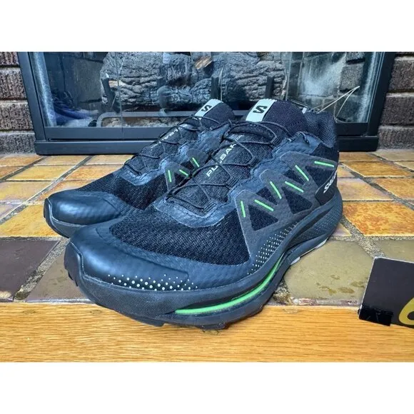 Mens 9 Salomon Pulsar Trail Black Green Athletic Trail Running Hiking Shoes