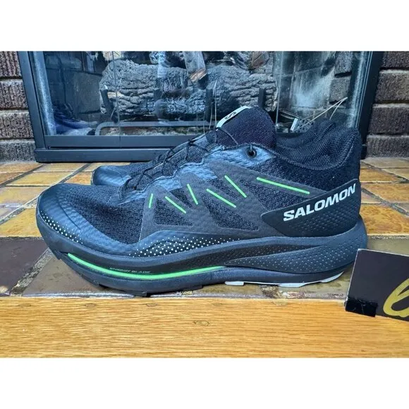 Mens 9 Salomon Pulsar Trail Black Green Athletic Trail Running Hiking Shoes