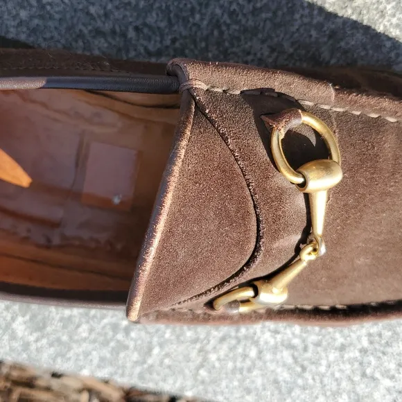 Men's Gucci Brown Suede Loafers with Gold Tone Detail Size 10