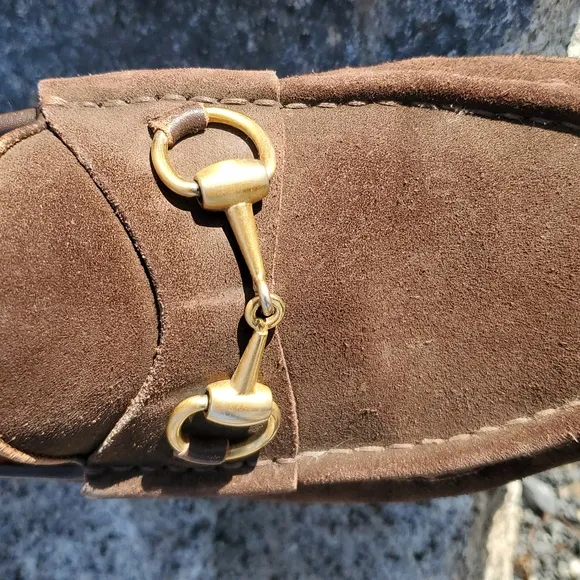Men's Gucci Brown Suede Loafers with Gold Tone Detail Size 10