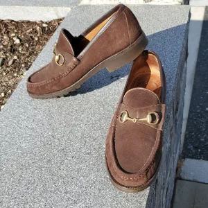 Men's Gucci Brown Suede Loafers with Gold Tone Detail Size 10