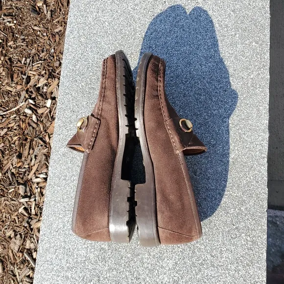 Men's Gucci Brown Suede Loafers with Gold Tone Detail Size 10