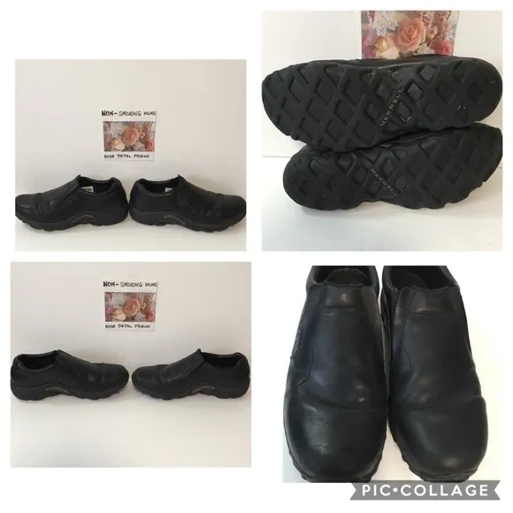 MERRELL BLACK LEATHER SLIP ON SHOES DUAL DENSITY SZ 9.5