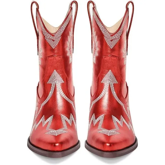 Metallic Embroidered Cowgirl Boots For Women Red Metallic Faux Leather