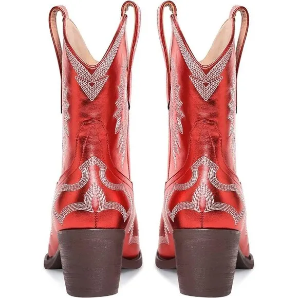 Metallic Embroidered Cowgirl Boots For Women Red Metallic Faux Leather