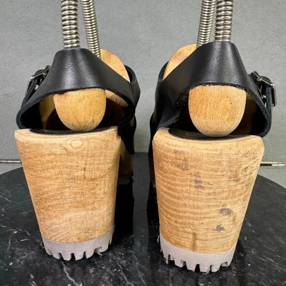 MIA Abba Clog Black Leather Ankle Strap Sandals Swedish Size 39 EU / 8.5 US
