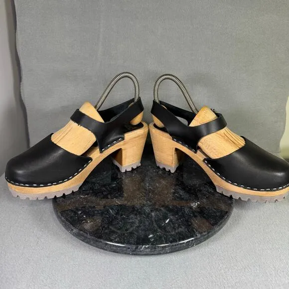 MIA Abba Clog Black Leather Ankle Strap Sandals Swedish Size 39 EU / 8.5 US