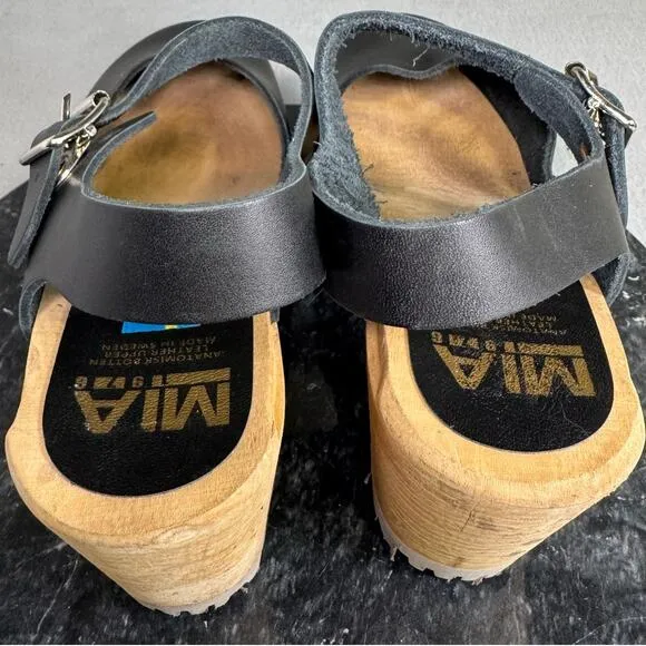 MIA Abba Clog Black Leather Ankle Strap Sandals Swedish Size 39 EU / 8.5 US