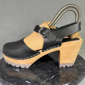 MIA Abba Clog Black Leather Ankle Strap Sandals Swedish Size 39 EU / 8.5 US