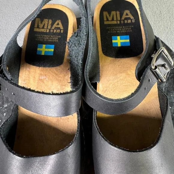 MIA Abba Clog Black Leather Ankle Strap Sandals Swedish Size 39 EU / 8.5 US