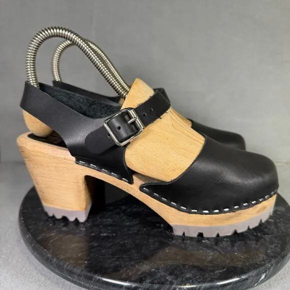 MIA Abba Clog Black Leather Ankle Strap Sandals Swedish Size 39 EU / 8.5 US
