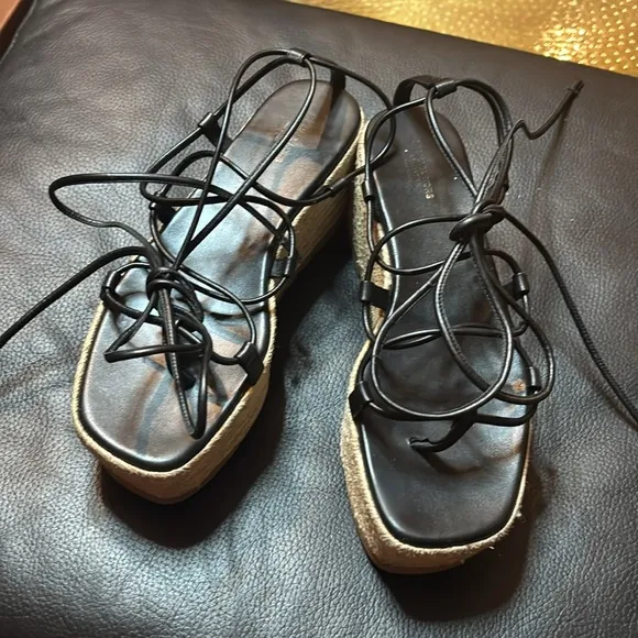 Michael kors collection Black Espadrille platform Sandals wrap up lace 38.5