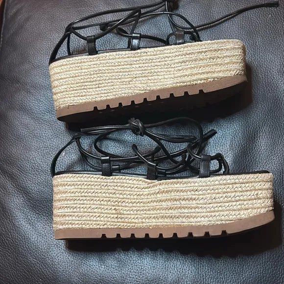 Michael kors collection Black Espadrille platform Sandals wrap up lace 38.5