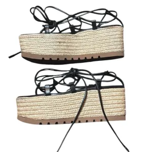 Michael kors collection Black Espadrille platform Sandals wrap up lace 38.5
