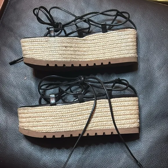Michael kors collection Black Espadrille platform Sandals wrap up lace 38.5
