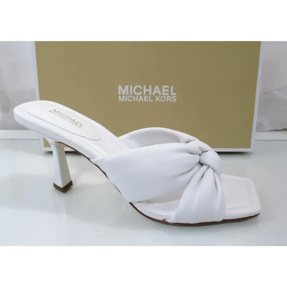 Michael Kors Elena Heeled Slide Sandal Knotted Strap Leather Optic White