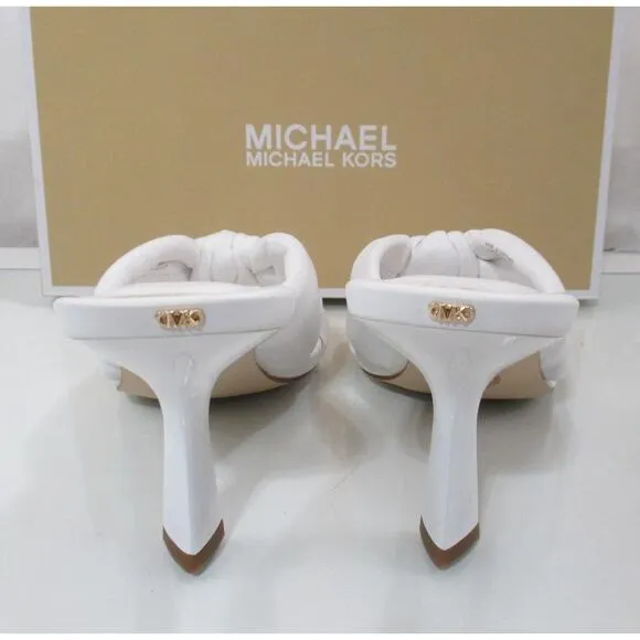 Michael Kors Elena Heeled Slide Sandal Knotted Strap Leather Optic White