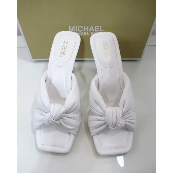 Michael Kors Elena Heeled Slide Sandal Knotted Strap Leather Optic White