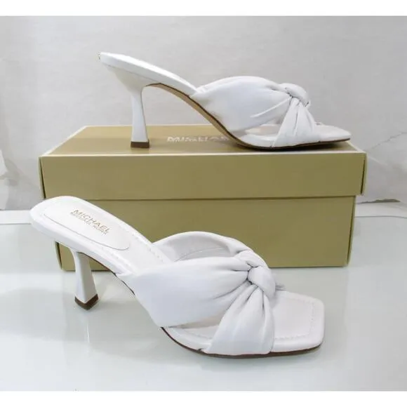 Michael Kors Elena Heeled Slide Sandal Knotted Strap Leather Optic White