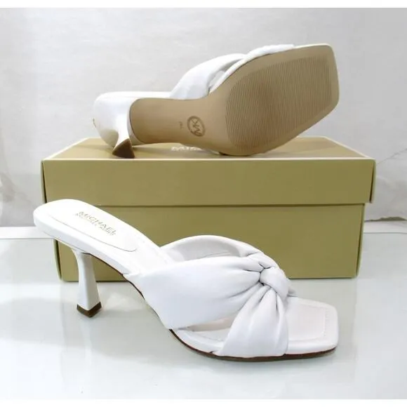 Michael Kors Elena Heeled Slide Sandal Knotted Strap Leather Optic White