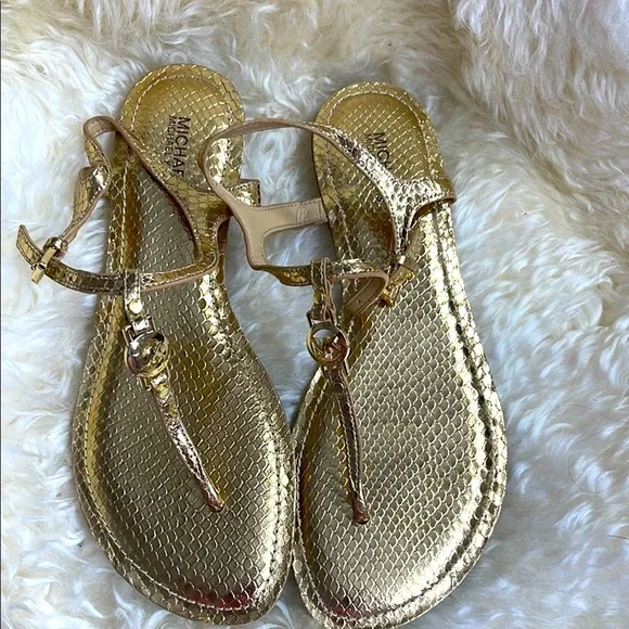 Michael Kors Gold T-Strap Sandals with Ankle Strap